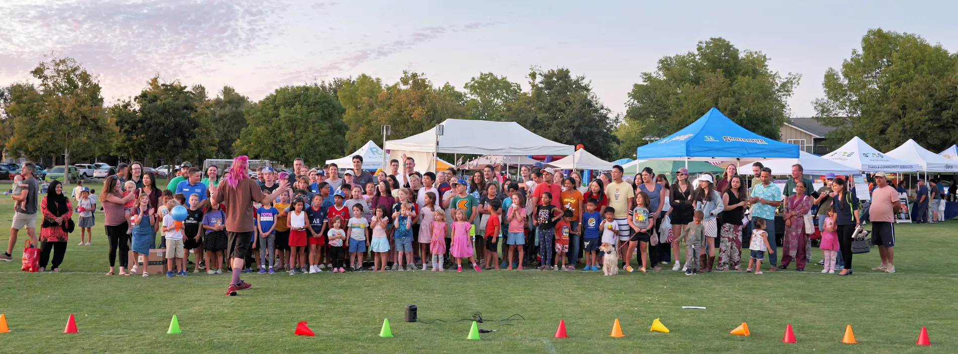 A wide view of the Celebrate Davis crowd filling Community Park at dusk